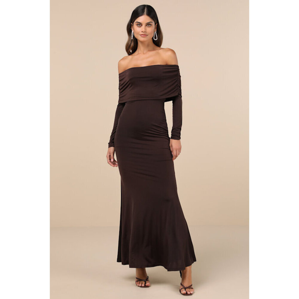 Lulus Effortlessly Stunning Dark Brown Off-the-shoulder Maxi Dress - Size L NWT